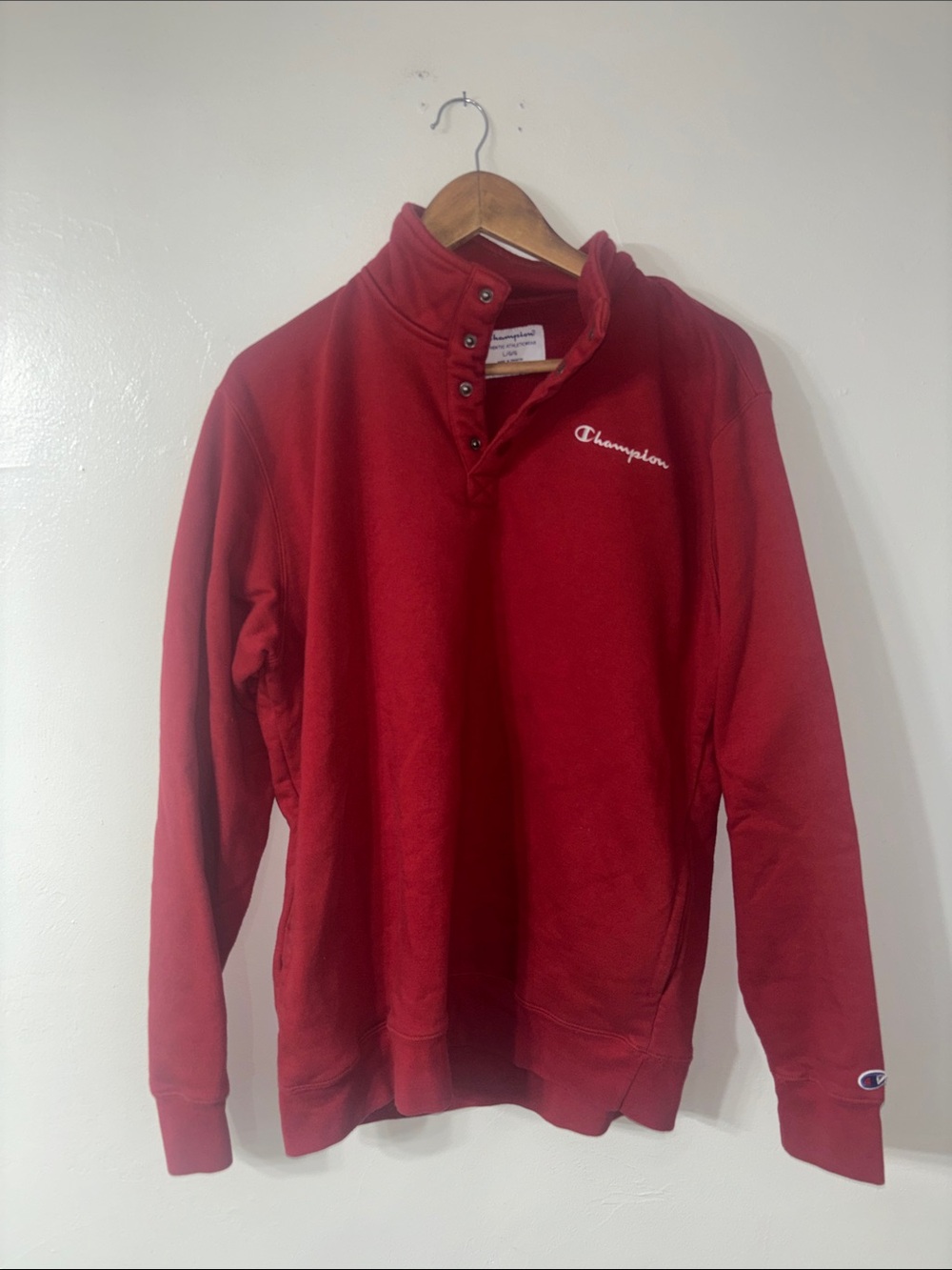 Champion Red Quarter Snap Pullover Sweatshirt Pockets School Size Large